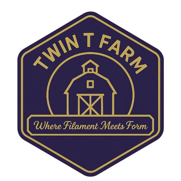 Hexagonal logo of Twin T Farm with a barn illustration and text on a white background